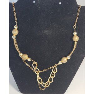 Gold tone bar and bead necklace, shiny beads and Glittery beads, 28 in, Goldtone